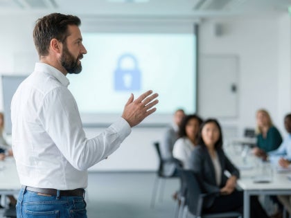 Man teaching a group of professionals