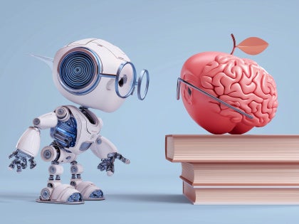 cartoon of a tiny robot talking to a small brain that looks like an apple