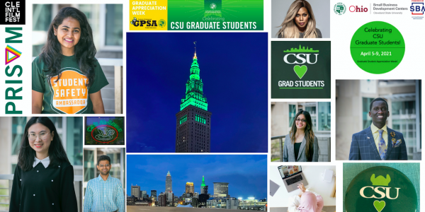Collage that highlights events from GSAW 2021. It includes photos of graduate students, terminal tower, logos, and advertisement art from the week.