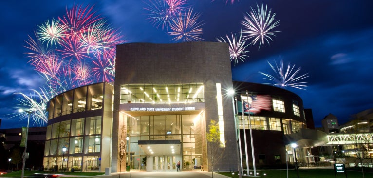 Student Center with fireworks