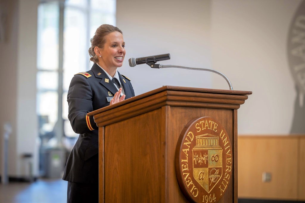 guest speakers at the “Honoring Women Who Served” event in the Student Center Atrium. Attendees heard the experiences of women veterans during this special observance, which began with the traditional flag placement by military color guard and trumpet reg