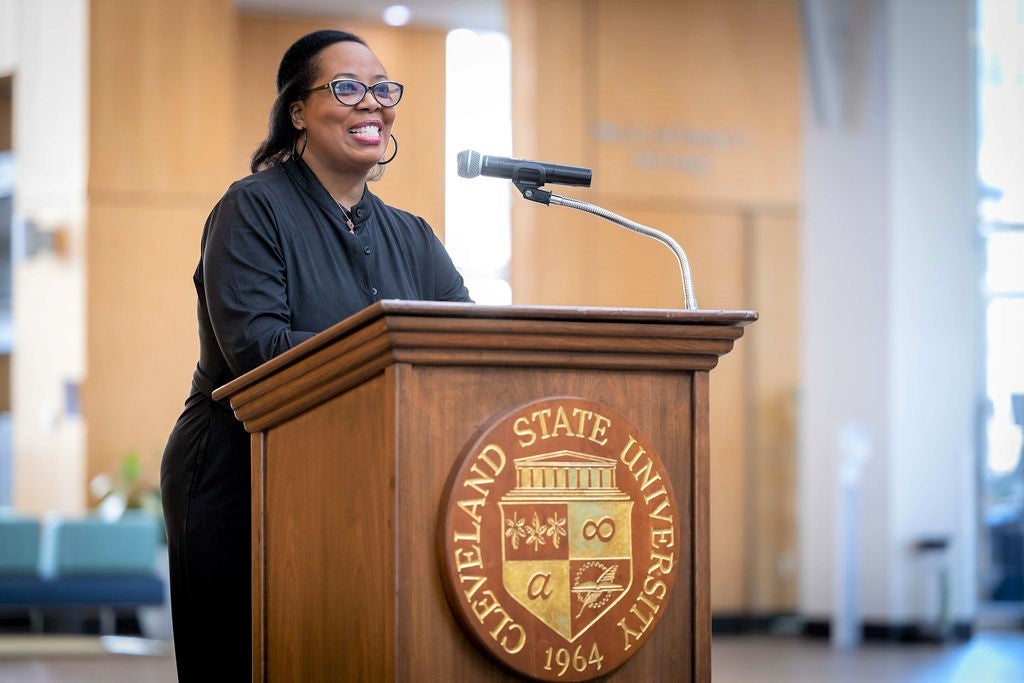 guest speakers at the “Honoring Women Who Served” event in the Student Center Atrium. Attendees heard the experiences of women veterans during this special observance, which began with the traditional flag placement by military color guard and trumpet reg