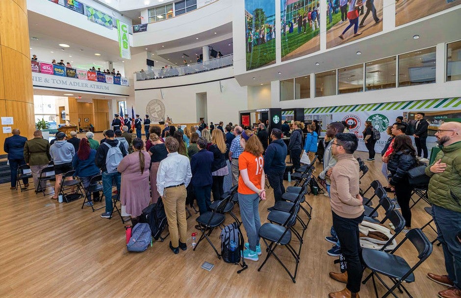 guest speakers at the “Honoring Women Who Served” event in the Student Center Atrium. Attendees heard the experiences of women veterans during this special observance, which began with the traditional flag placement by military color guard and trumpet reg