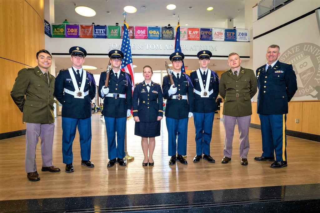 guest speakers at the “Honoring Women Who Served” event in the Student Center Atrium. Attendees heard the experiences of women veterans during this special observance, which began with the traditional flag placement by military color guard and trumpet reg